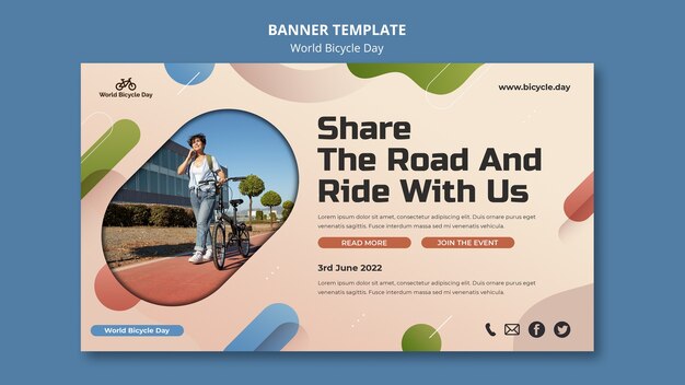 Horizontal Banner Template for World Bicycle Day Featuring a Person on a Bike – Free Download