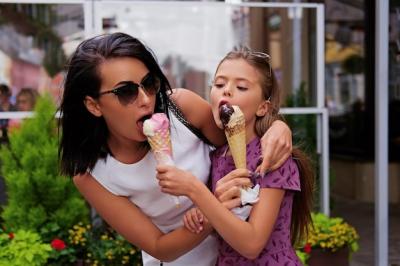 Attractive Brunette Female in White Dress and Sunglasses with Cute Teenage Girl Enjoying Ice Cream – Free Stock Photo, Download Free