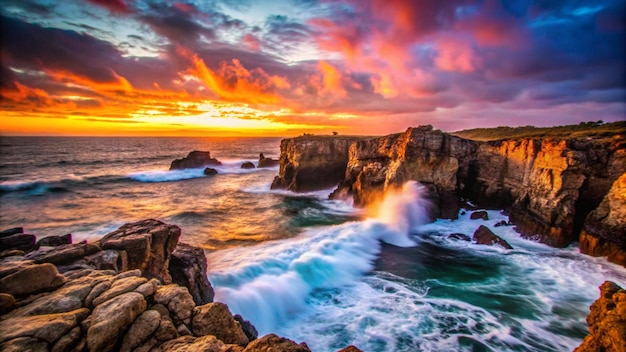 Dramatic Sunset Over the Ocean with Crashing Waves and Rocky Cliffs – Free to Download