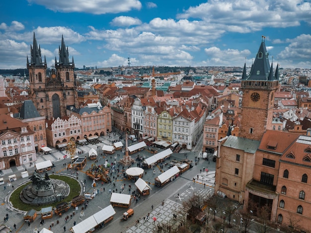 Stunning Panoramic Aerial View of Old Town Square in Prague on a Beautiful Summer Day – Free Download