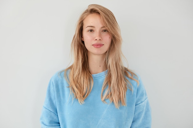 Adorable Blonde Woman in Blue Sweater Showcasing Natural Beauty – Free Stock Photo Download