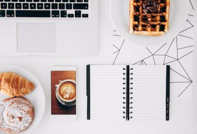 Baked Food and Chocolate Waffle with Coffee and Laptop Setup – Free Download