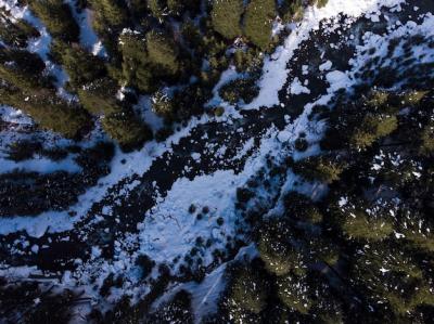 Aerial Shot of a Frozen River in the Winter Forest – Free Download