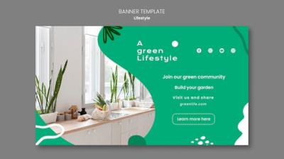 Green Lifestyle Horizontal Banner Template Featuring Plants – Free Download