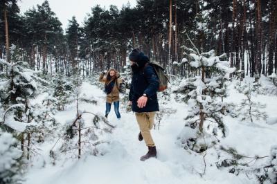 Couple Playing in the Snowy Pine Forest – Free to Download