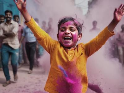 Vibrant Celebration of Holi: Happy Indian Boy with Color Powder – Free Download