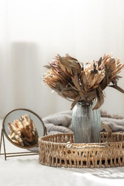 Bouquet of Dried Protea Flowers in a Cozy Living Room – Free Download