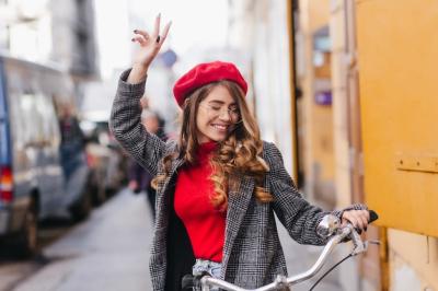 Stylish Girl in Red Sweater on Bicycle – Free Stock Photo for Download