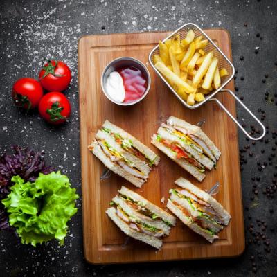 Club Sandwich with Ketchup and Mayonnaise Accompanied by French Fries – Free Download