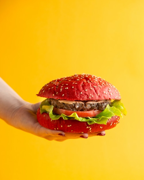 Pink Hamburger: Woman Holding a Burger with Tomato, Lettuce, Beef Patty, and Sauce – Free Download