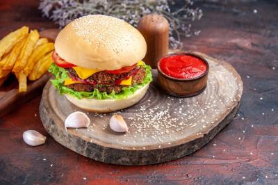 Delicious Meat Burger with French Fries on Dark Background – Free Download