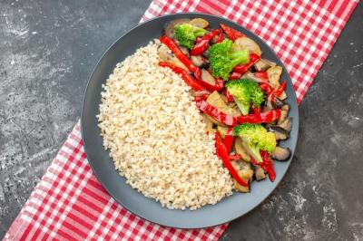 Delicious Cooked Vegetables with Pearl Barley on a Grey Table – Free Stock Photo Download