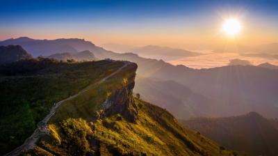 Aerial View of Phu Chi Fa with Morning Fog at Sunrise in Chiang Rai, Thailand – Free Download