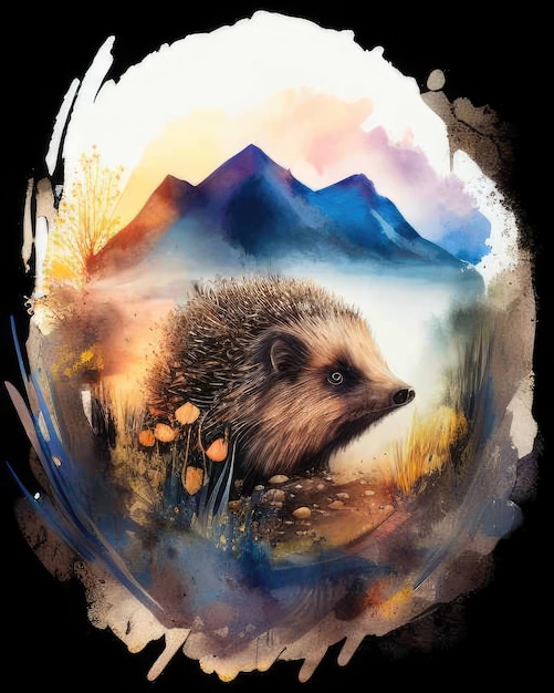 Hedgehog Double Exposure in Watercolor Art with Nature Mountains and Trees – Free Stock Photo Download