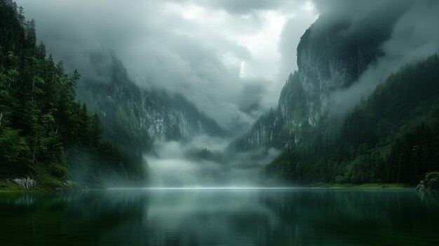 Misty Mountains Above a Tranquil Lake Under Cloudy Skies – Free Stock Photo Download