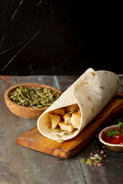 Burrito on Wooden Board with Tomato Sauce and Cardamom – Free Stock Photo, Download for Free