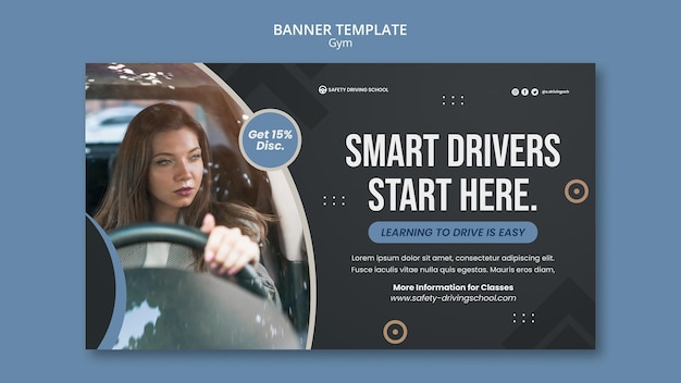 Horizontal Banner Template for Driving School Featuring a Female Driver – Free Download