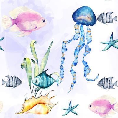 Watercolor Fish Seamless Pattern with Tropical Fishes and Seaweed on White Background – Free Download