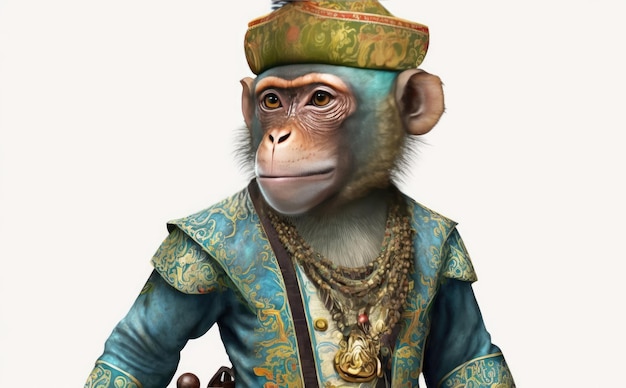 A Monkey in a Costume with a Hat – Monkey King Watercolor Cartoon Style | Free Download