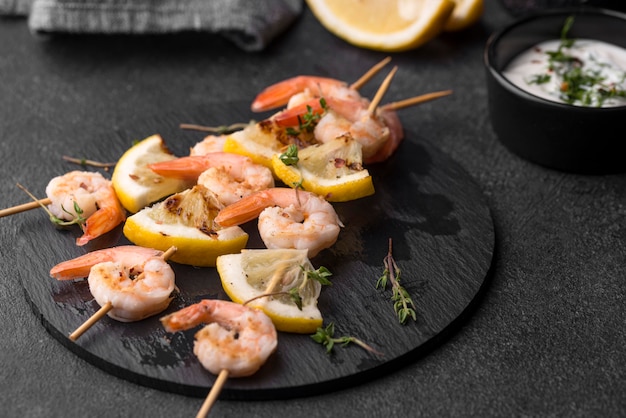 High View of Seafood Shrimp Skewers on Plate – Free Download