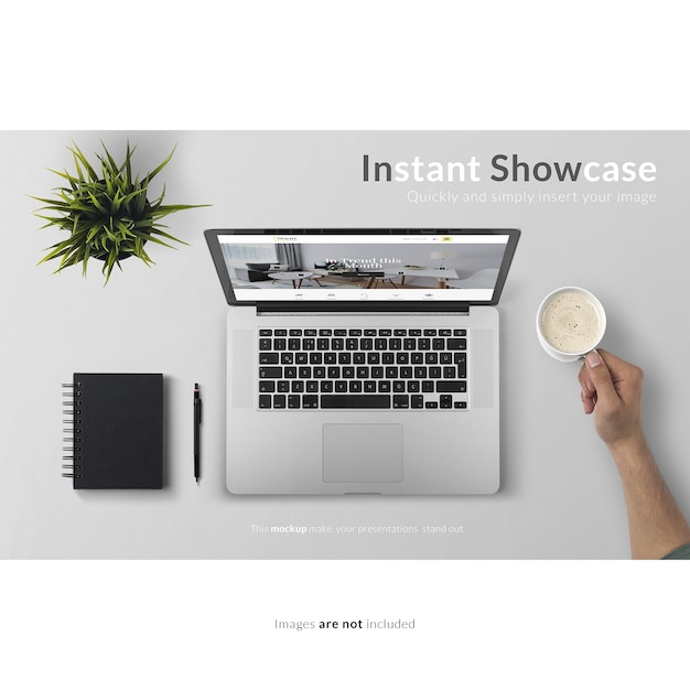 Laptop and Hand Holding a Cup of Coffee Mockup – Free Download