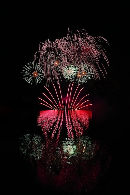 Colorful Fireworks Reflected in the Water at Brno Dam, Brno – Free Download