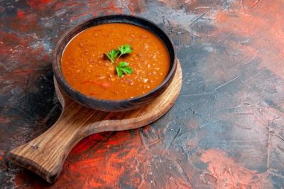 Tomato Soup on a Brown Cutting Board – Free Stock Photo for Download