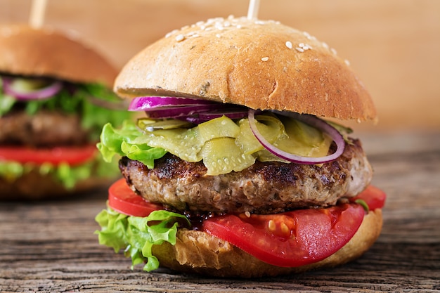 Big Hamburger Sandwich with Beef, Tomato, Cheese, and Pickled Cucumber – Free Download