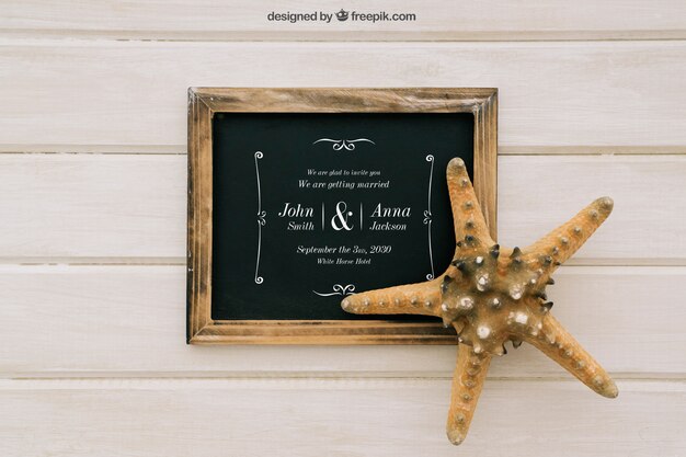 Stylish Wedding Mock Up Featuring Blackboard and Starfish – Free Download