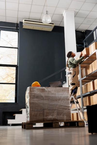 Stockroom Worker on Ladder Handling Cardboard Boxes in Warehouse – Free Download