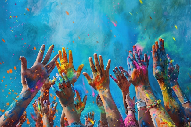 A Group of Hands Reaching Toward the Sky in Colorful Powder for Holi Festival – Free to Download