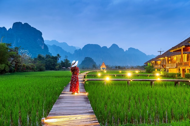 Young Woman Walking on Wooden Path in Vang Vieng, Laos – Free Stock Photo for Download