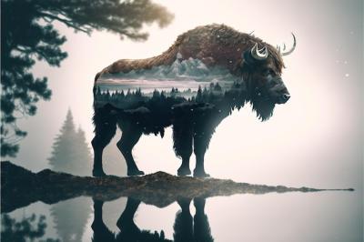 Male Bison Grazing in Grassland with Double Exposure Background – Free Download