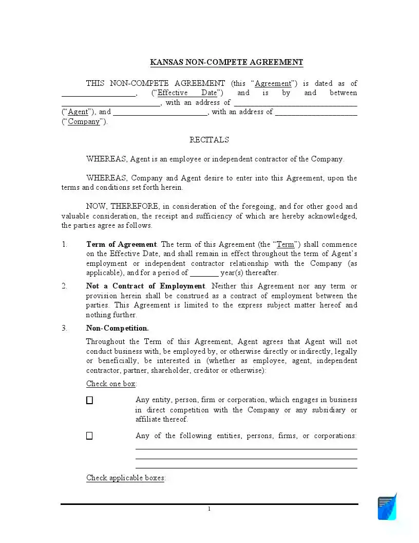 Kansas Noncompete Agreement Template and Laws