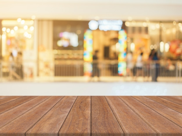 Perspective Brown Wood Table with Blurred Department Store Background – Free Download