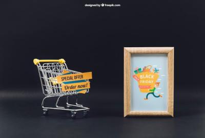 Black Friday Mockup Featuring Cart and Frame | Free Download