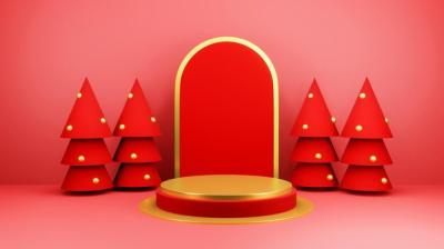 Christmas Background Featuring a Christmas Tree and Stage Podium for Product Display – Free Download