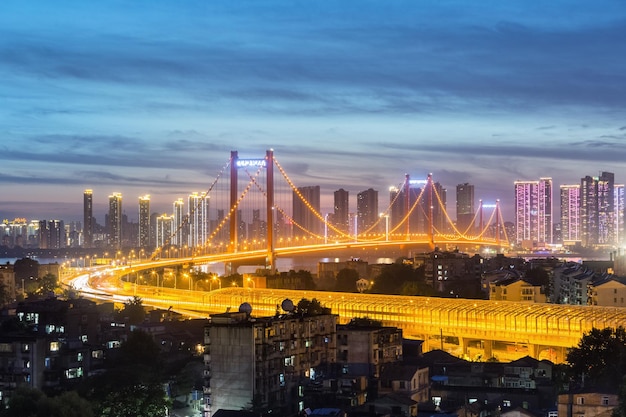 Yingwuzhou Yangtze River Bridge at Night in Wuhan City, China – Free Download