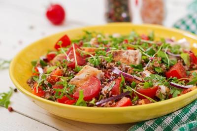 Healthy Dinner: Salad Bowl with Grilled Chicken, Quinoa, and Fresh Vegetables – Free to Download