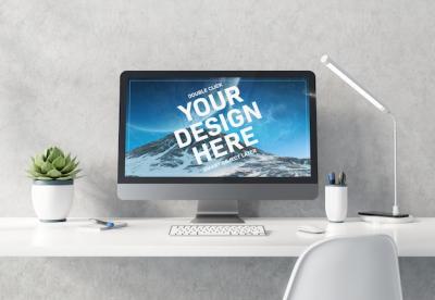 Computer on White Desktop Concrete Interior Mockup – Free Download