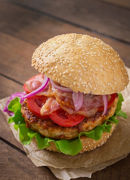 Big Sandwich with Beef, Red Onion, Tomato, and Fried Bacon – Free Stock Photo Download