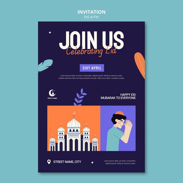 Flat Design Eid al-Fitr Invitation Template – Free Download