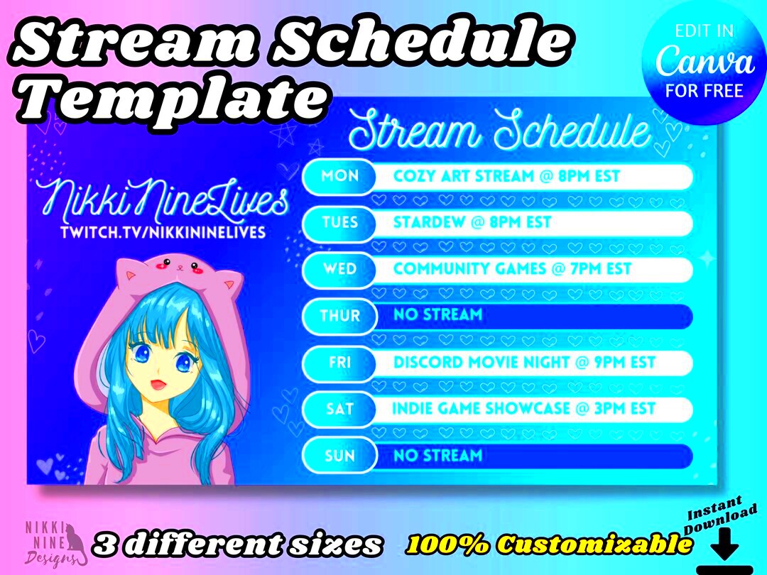 Stream Schedule Template for Canva Editable Youtube Twitch Twitter 