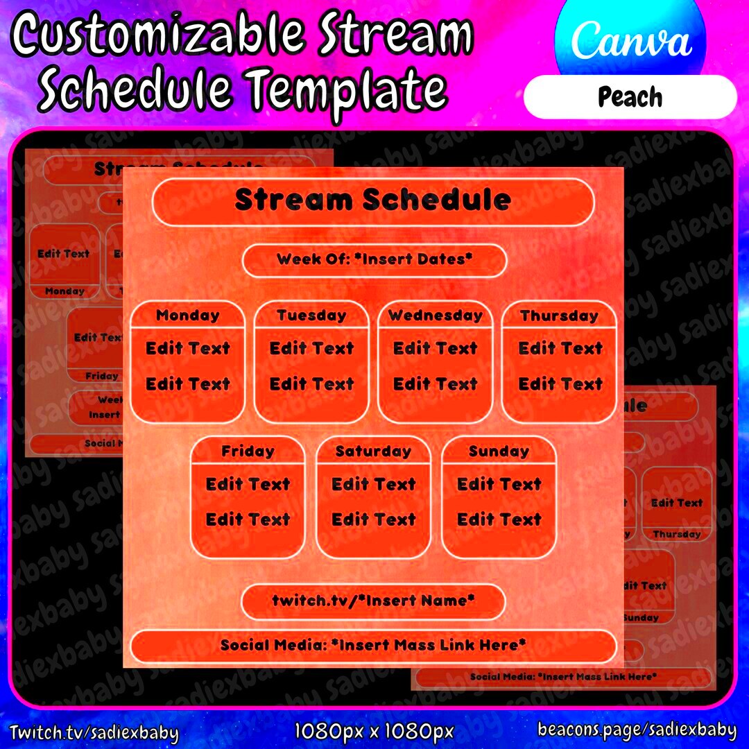 Customizable Stream Schedule Canva Template Weekly 6x Templates Shown 