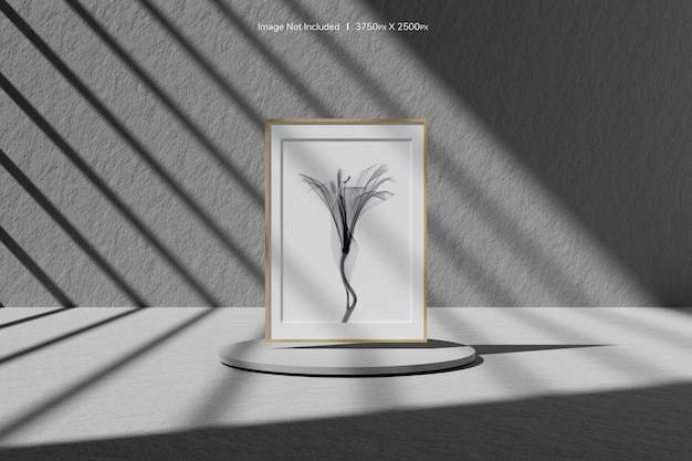 Vertical Wooden Poster or Photo Frame Mockup on Podium with Window Shadow – Free Download