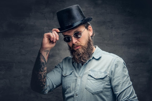 Serious Bearded Male in Sunglasses and Cylinder Hat – Free Stock Photo Download