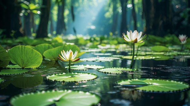 Massive Water Lilies Floating Gracefully on a Tranquil Jungle Pond – Free Download