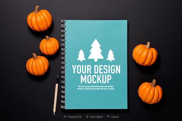 A Halloween-Themed Notebook Cover Mockup Surrounded by Pumpkins – Free Stock Photo for Download