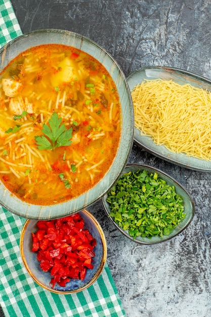 Top View Tasty Vermicelli Soup with Greens and Raw Vermicelli – Free Stock Photo for Download