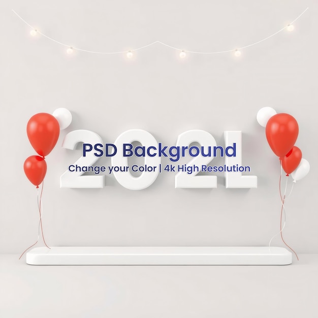 White Numbers 2021 on a White Platform Surrounded by Red Balloons and White Lights – Free Stock Photo for Download